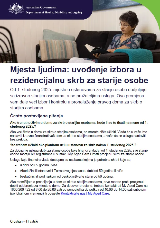 Croatian cover page for Places to people: Fact sheet for older people