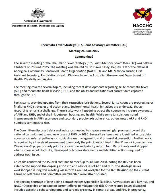 Cover page for the Rheumatic Fever Strategy Joint Advisory Committee – 26 June 2025 Communique
