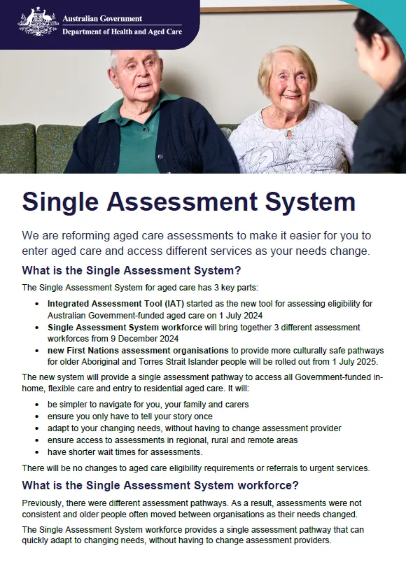Cover page for the Single Assessment System fact sheet