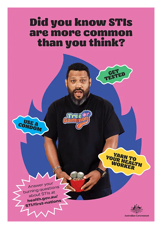 Thumbnail: This poster encourages First Nations communities to stay on top of their sexual health by using protection and booking an STI test today.