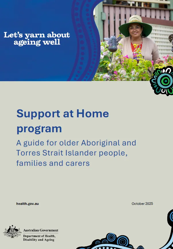 Cover page for the Support at home booklet for older Aboriginal and Torres Strait Islander people, families and carers
