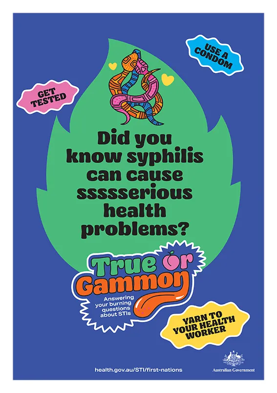 Thumbnail: This poster communicates the serious health risks of syphilis. It encourages First Nations communities to stay on top of their sexual health by using protection and booking an STI test today.