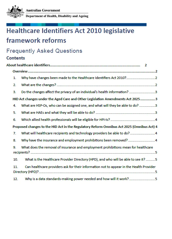 Cover page for the Amendments to the Healthcare Identifiers Act 2010: Frequently Asked Questions