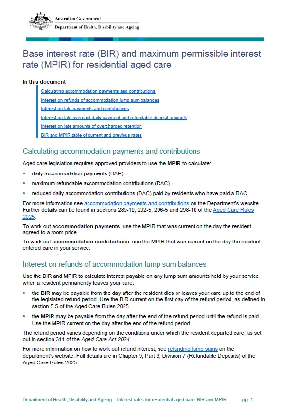 Cover page for the Base interest rate (BIR) and maximum permissible interest rate (MPIR) for residential aged care