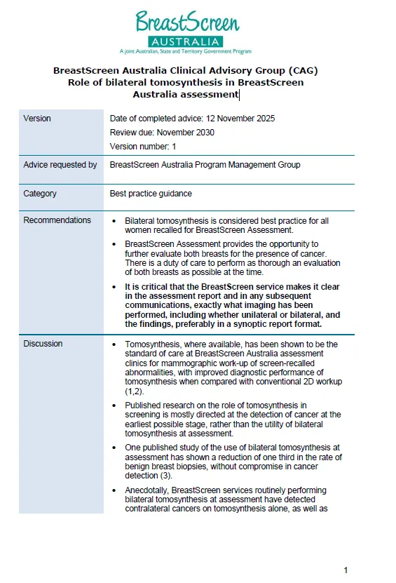 BreastScreen Australia Clinical Advisory Group advice on bilateral tomosynthesis cover page