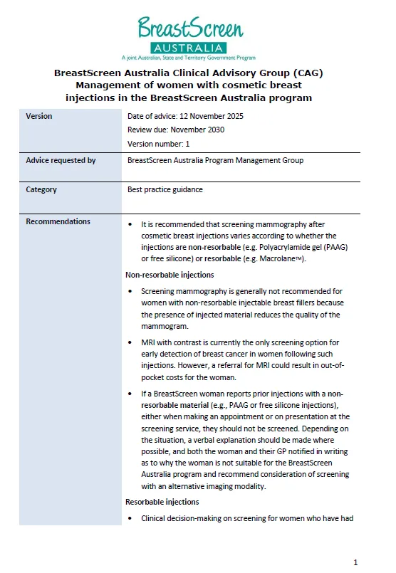 Management of women with cosmetic breast injections in BreastScreen Australia cover page