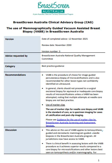 Cover page for the BreastScreen Australia Clinical Advisory Group (CAG) The use of Mammographically Guided Vacuum Assisted Breast Biopsy (VABB) in BreastScreen Australia