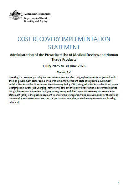 Cover page for the CRIS Administration of the Prescribed List of Medical Devices and Human Tissue Products