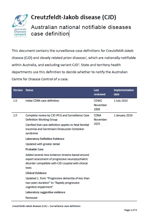 Cover page for the Creutzfeldt-Jakob disease (CJD) – Surveillance case definition