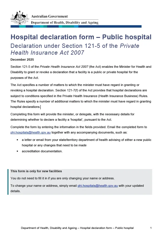 Hospital declaration form – Public hospital cover page