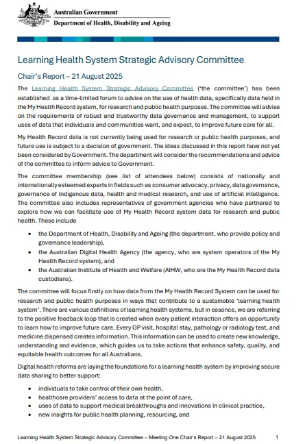 Cover page for the Learning Health System Strategic Advisory Committee (chair report)