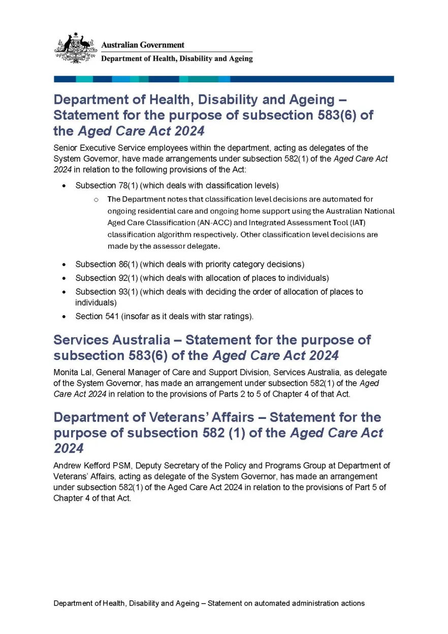 Cover page of the Statement for the purpose of subsection 583(6) of the Aged Care Act 2024