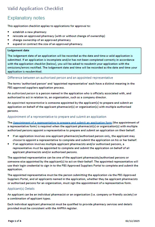 Cover page of the Valid Application Checklist