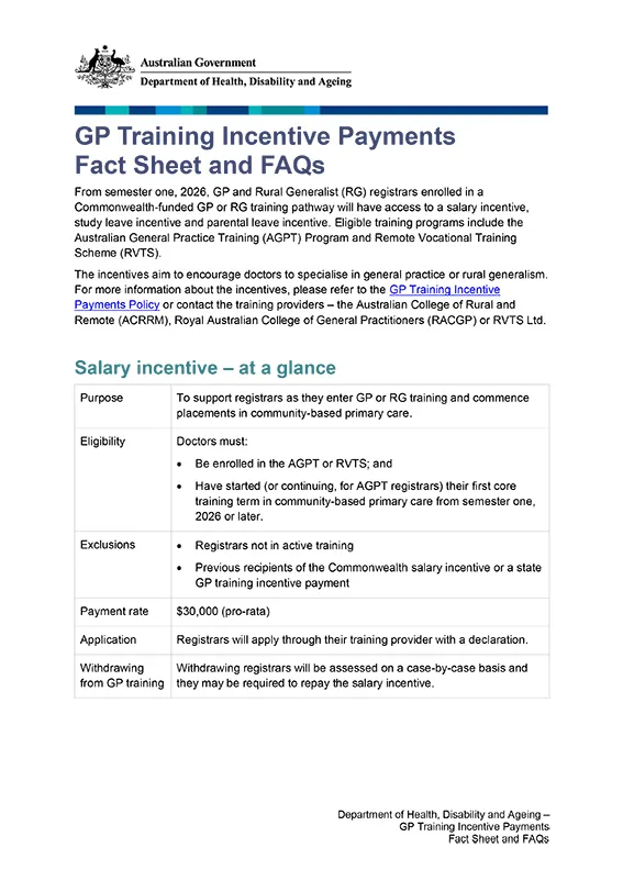 GP Training Incentive Payments Fact sheet and FAQs | Australian ...
