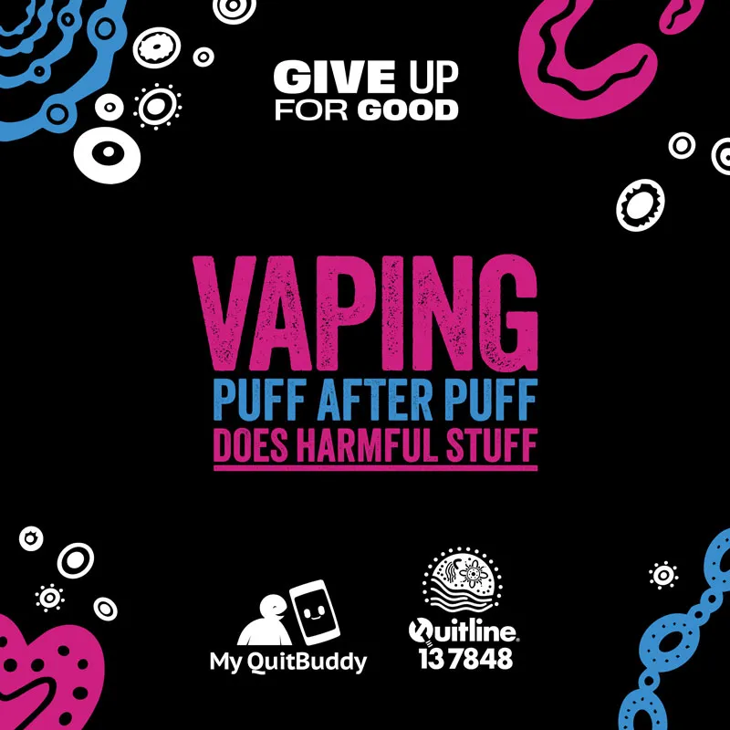 Vaping. Puff after puff does harmful stuff (version 2) – First Nations  social media tile | Give up for good