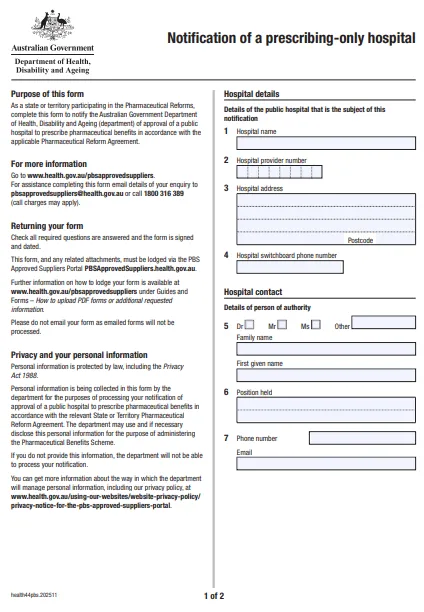 Notification Hospital Notification of a prescribing-only hospital form | Australian ...