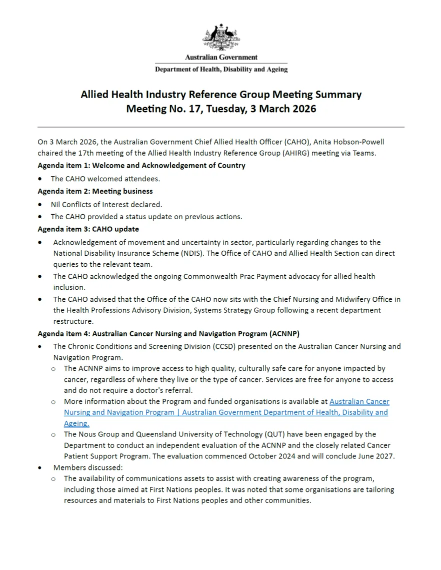 Allied Health Industry Reference Group – Summary of outcomes – 3 March ...