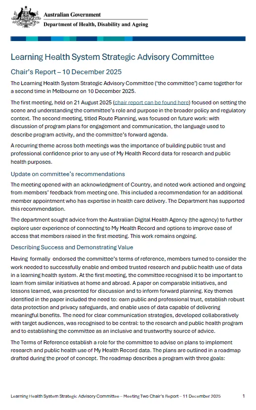 Learning Health System Strategic Advisory Committee – 10 December 2025 ...