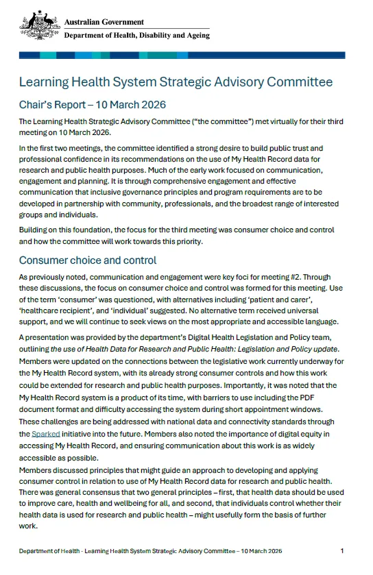 Learning Health System Strategic Advisory Committee – 10 March 2026 ...