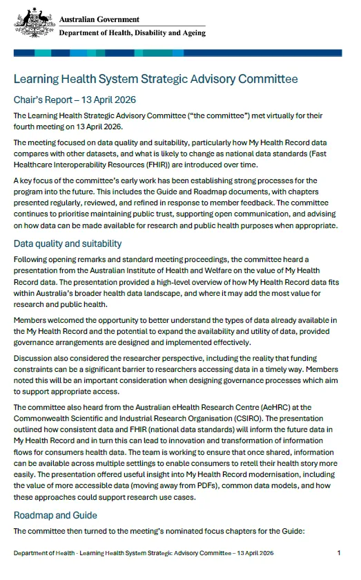 Learning Health System Strategic Advisory Committee – 13 April 2026 ...