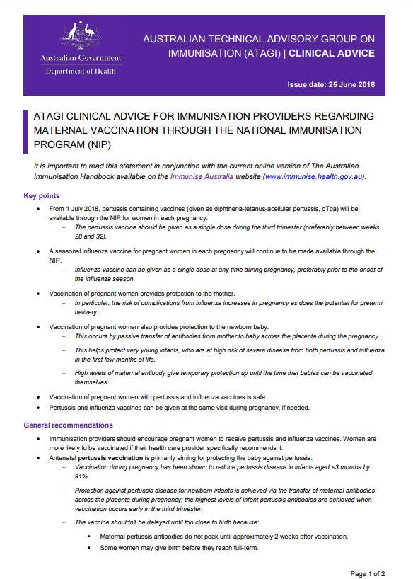 ATAGI advice maternal vaccination