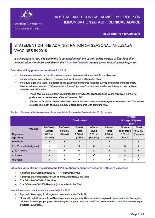 ATAGI Factsheet Influenza 2018 health professionals