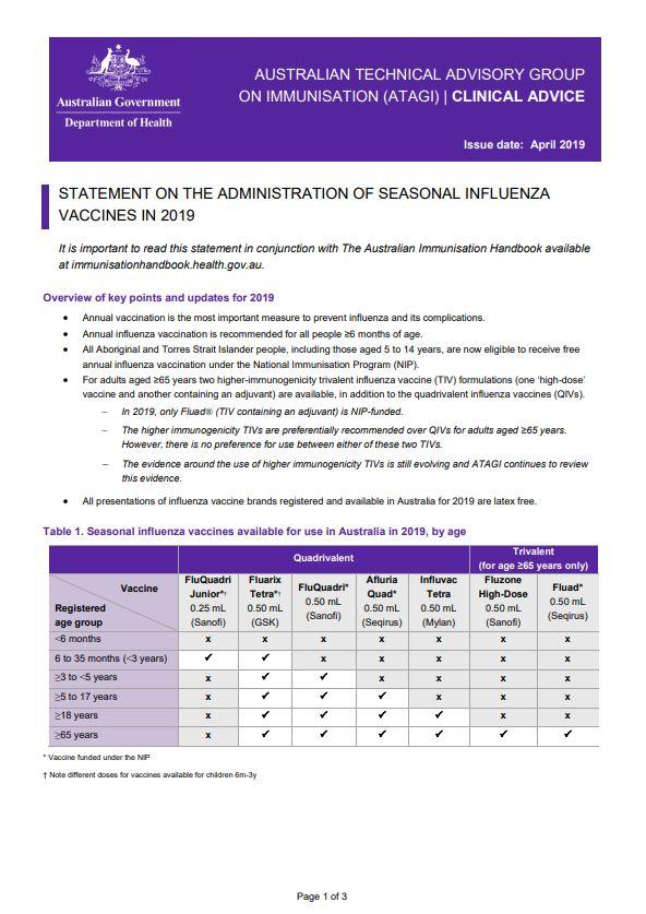 ATAGI advice on seasonal influenza vaccines in 2019