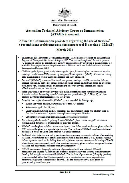 Cover of ATAGI advice on the use of Bexsero® vaccine