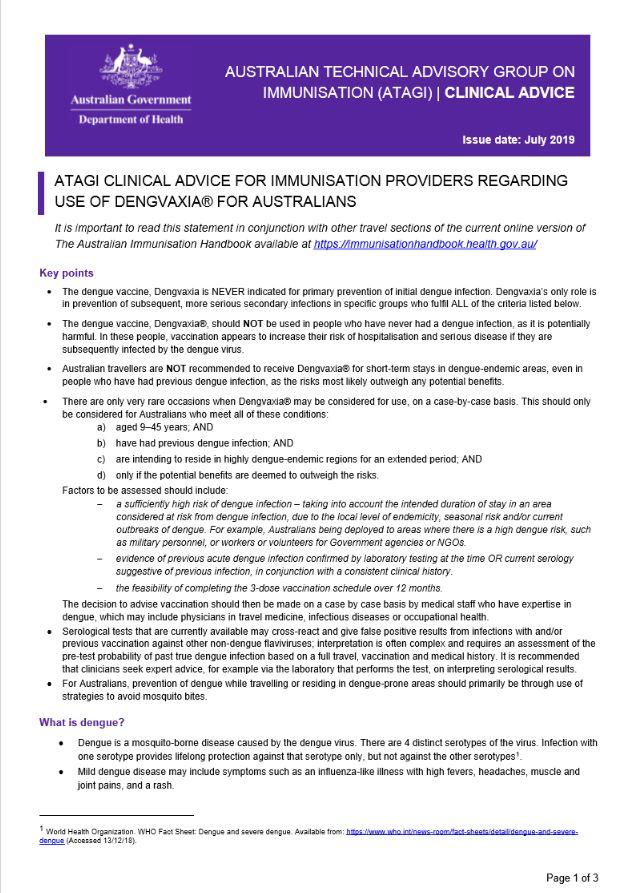 ATAGI advice on the use of Dengvaxia® for Australians