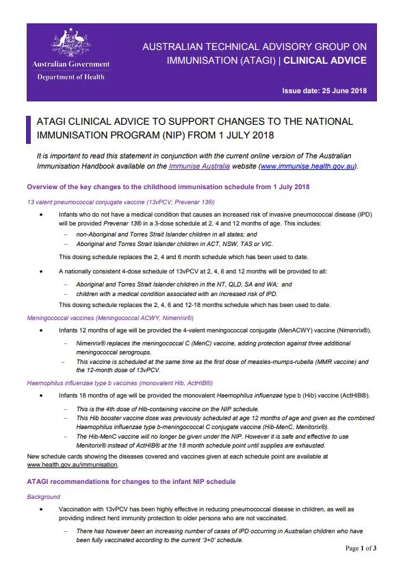 ATAGI clinical advice NIP schedule changes from 1 July 2018