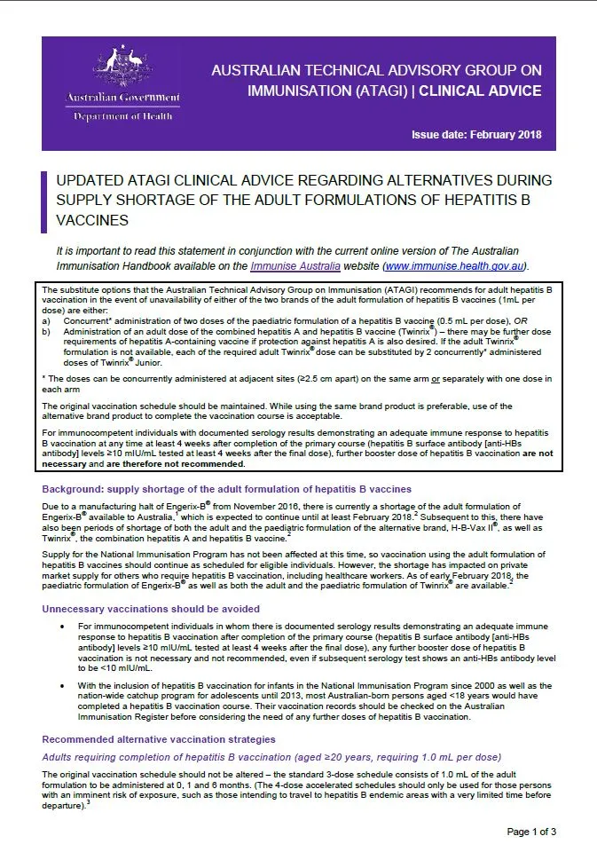 ATAGI Factsheet Hep B 2018 Health Professionals