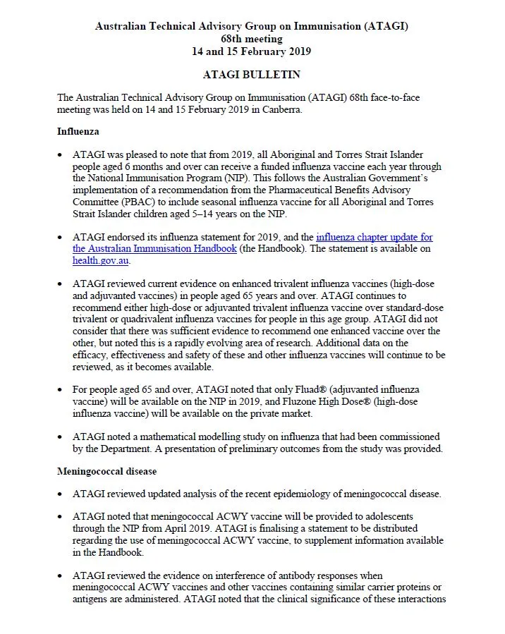 ATAGI Bulletin for the 68th Meeting, 14-15 February 2019 