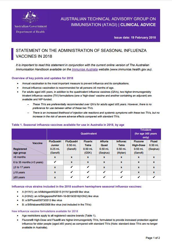 ATAGI Factsheet Influenza 2018 health professionals