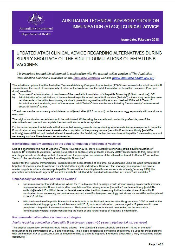 ATAGI Factsheet Hep B 2018 Health Professionals