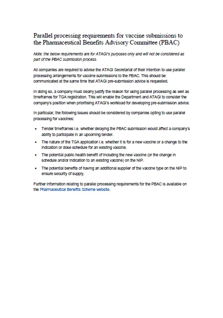 Cover of ATAGI parallel processing requirements for PBAC vaccine submissions