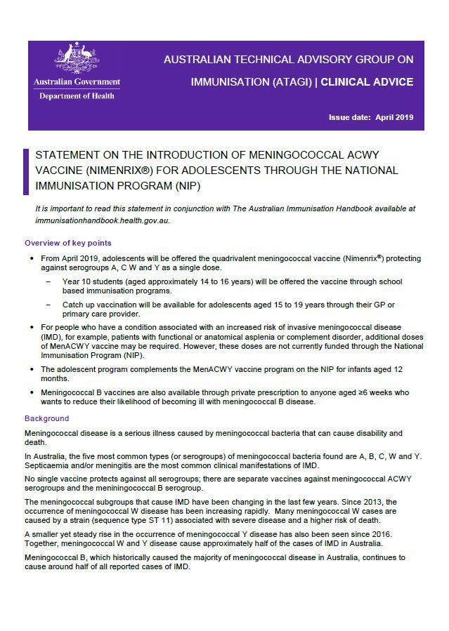 ATAGI statement on meningococcal ACWY vaccine (Nimenrix®) for adolescents 