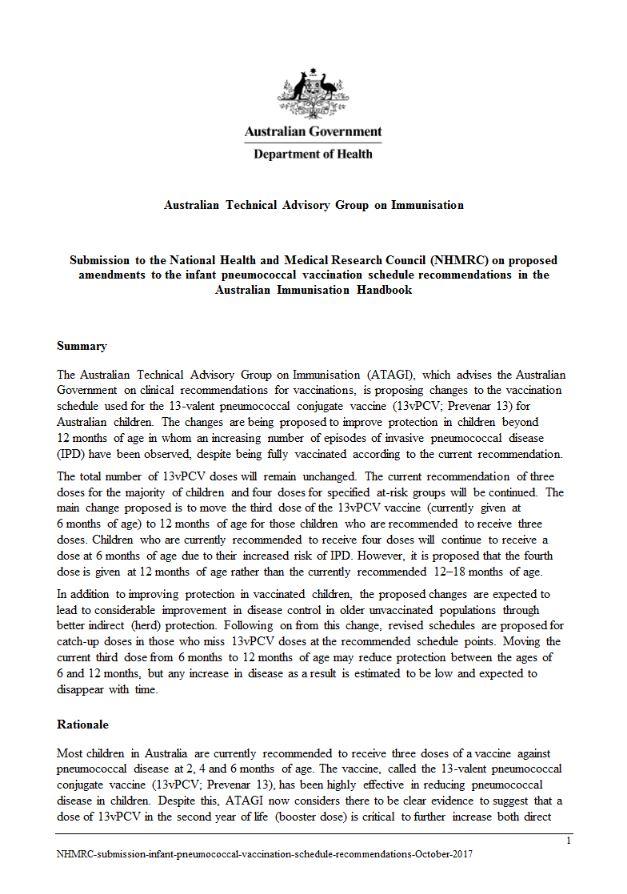 ATAGI submission to the NHMRC re infant pneumococcal vaccination schedule