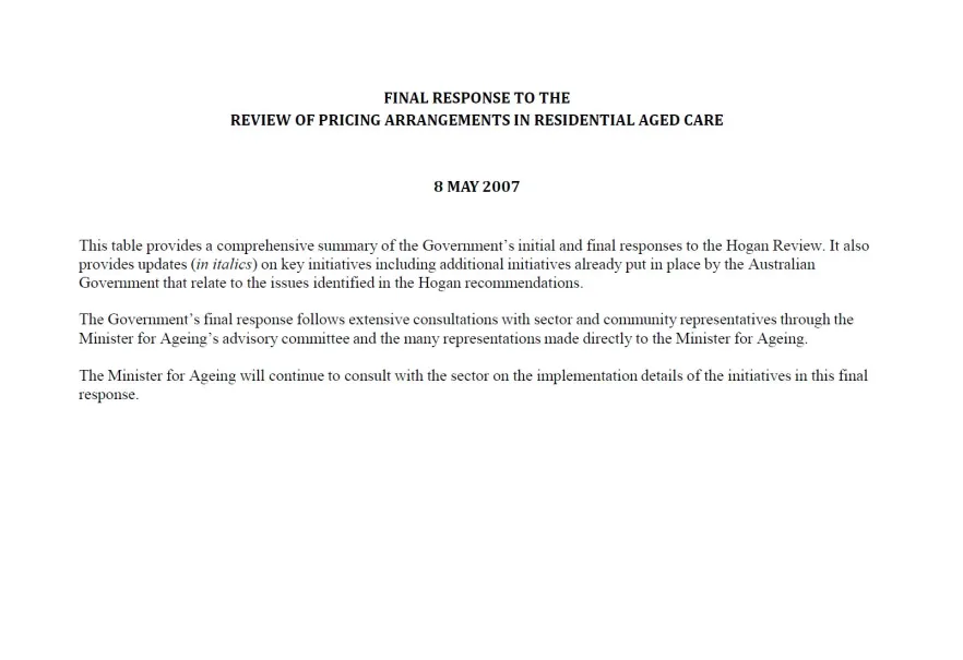Cover image for Australian Government response to the Review of Pricing Arrangements in Residential Aged Care – 'Hogan Review'