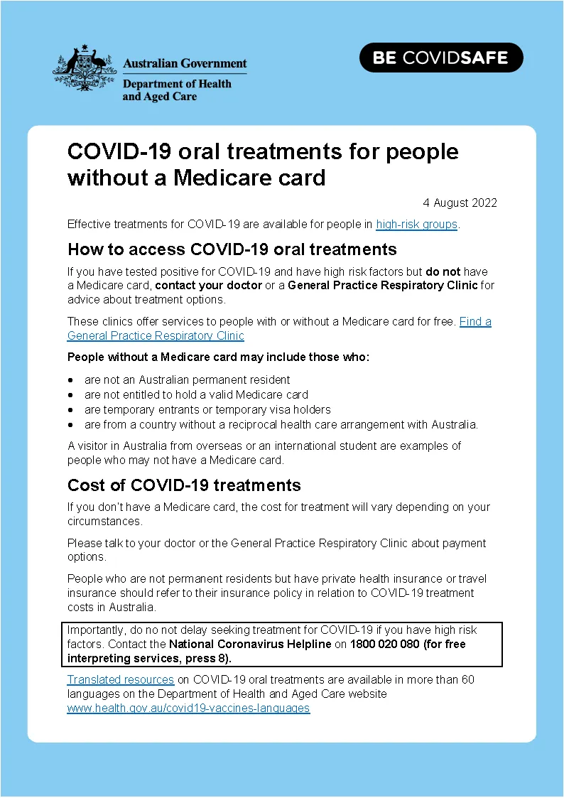 COVID-19 oral treatments for people without a Medicare card