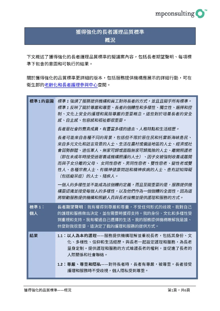 Revised Aged Care Quality Standards – summary draft for public consultation (Chinese Traditional) cover page