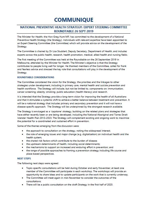 Cover image for National Preventive Health Strategy Expert Steering Committee communique – September 2019