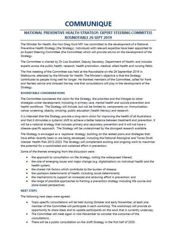 Cover image for National Preventive Health Strategy Expert Steering Committee communique – September 2019