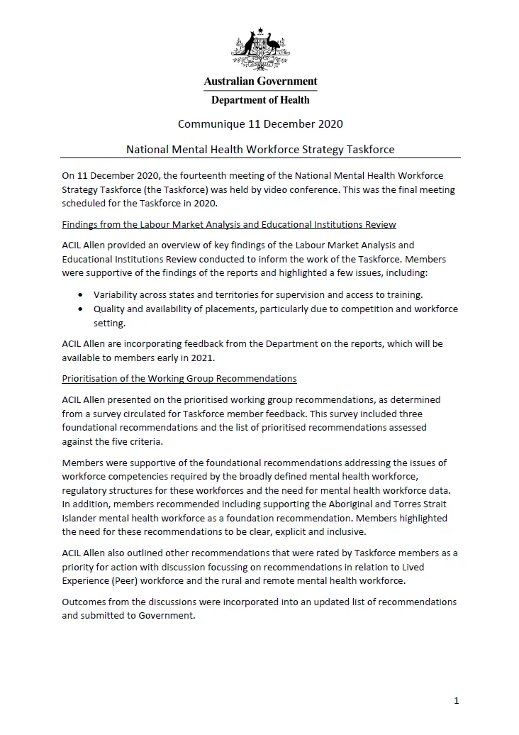 National Mental Health Workforce Strategy Taskforce communiques