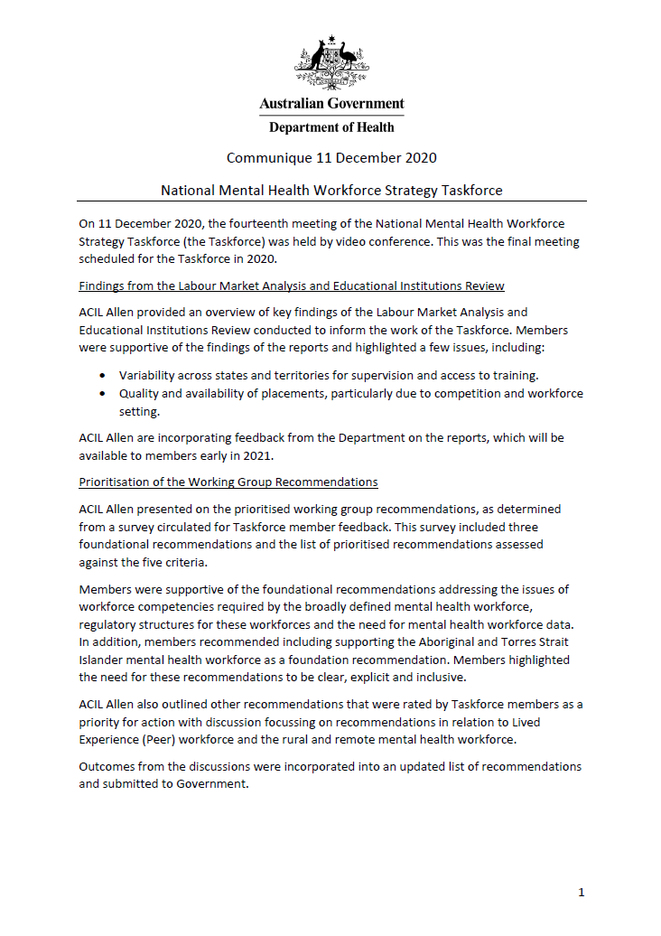 National Mental Health Workforce Strategy Taskforce communiques