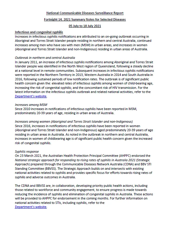 Cover image for National Notifiable Diseases Surveillance System fortnightly reports – 5 to 18 July 2021