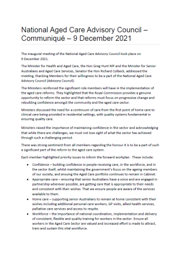 National Aged Care Advisory Council communiques