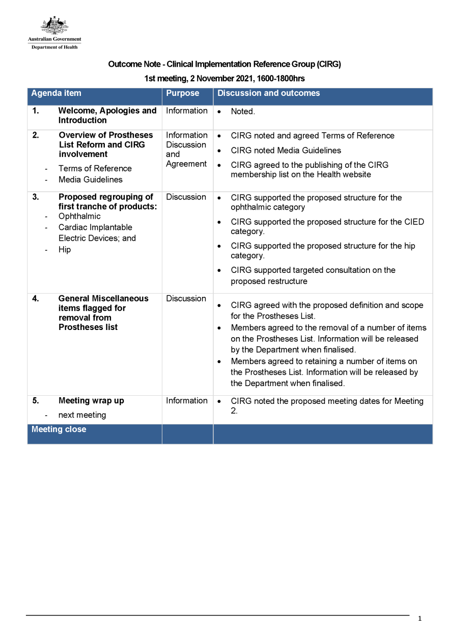 Clinical Implementation Reference Group – Outcome notes