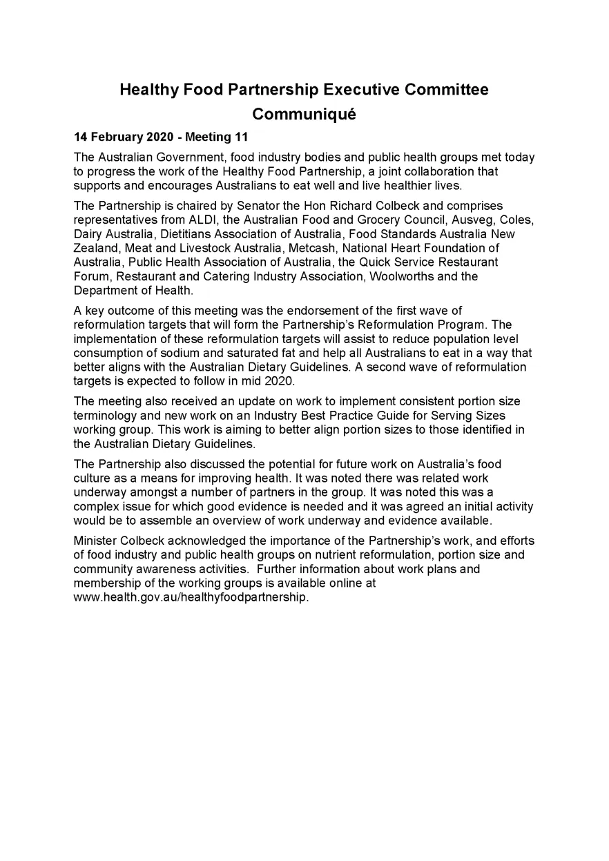 Healthy Food Partnership Program – Executive Committee – Communiques