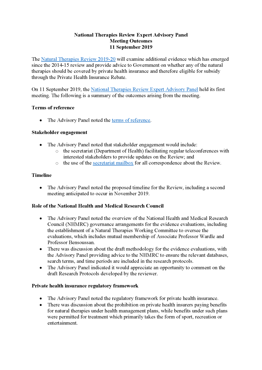 Natural Therapies Review Expert Advisory Panel – Meeting outcomes