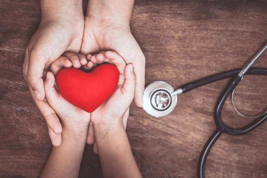 Embraced adult and child hands holding a red heart